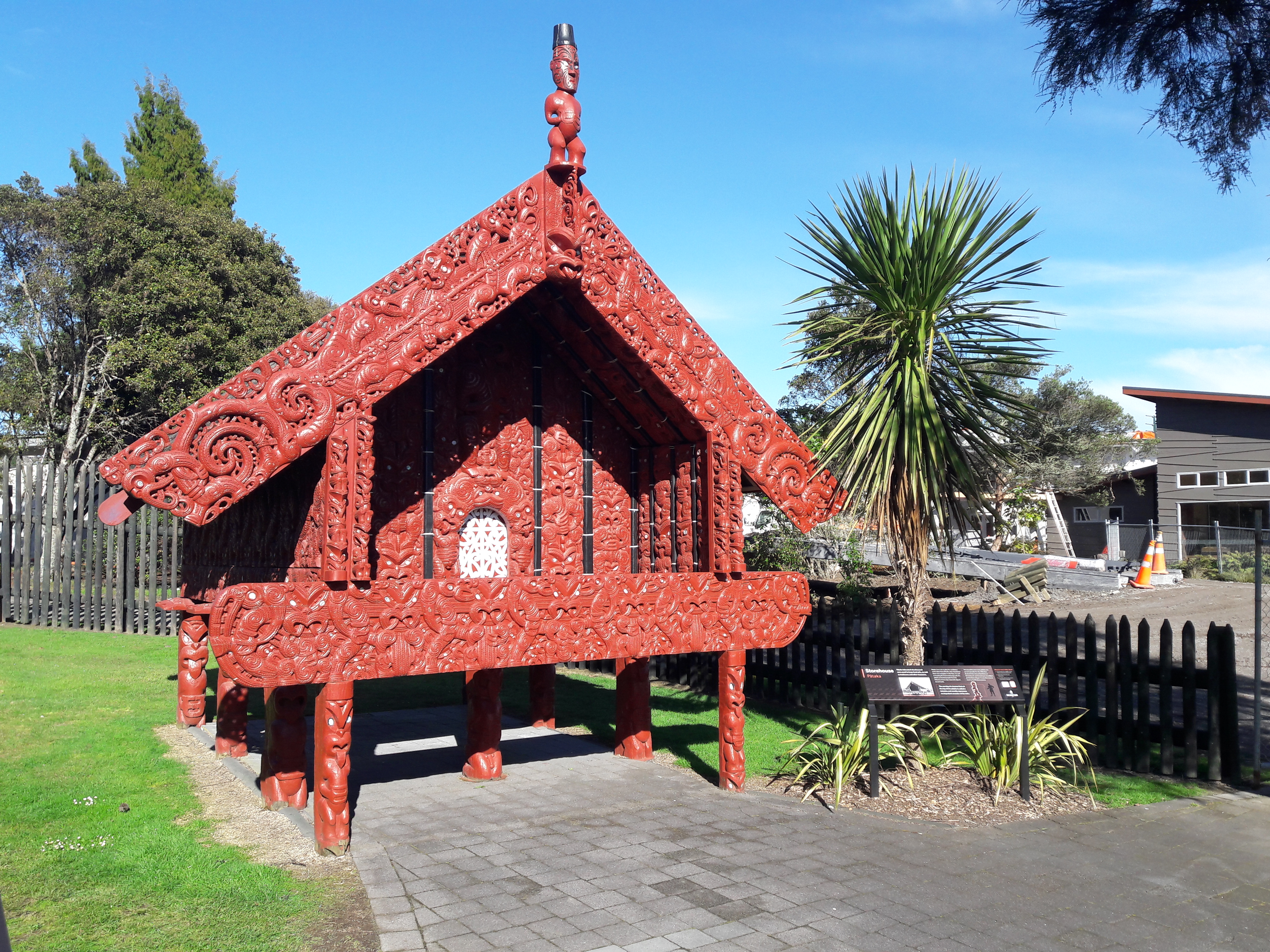 The intricate and beautiful carvings on "Pataka" - the Maori store house