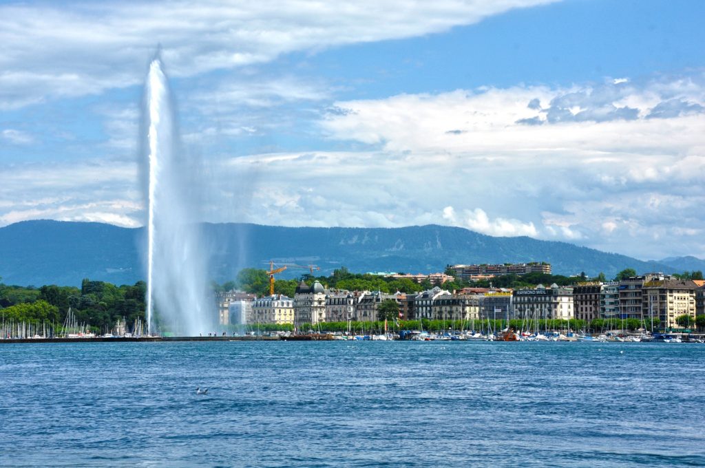 Fabulous 130-metre high jet of water called the Jet D'Eau in the garden