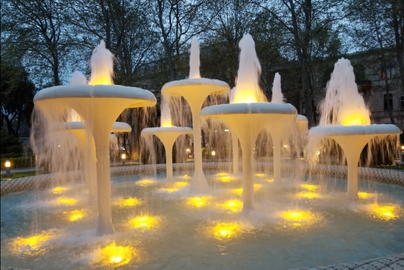 Beautiful fountains on show at the Fountains Square in Baku city.