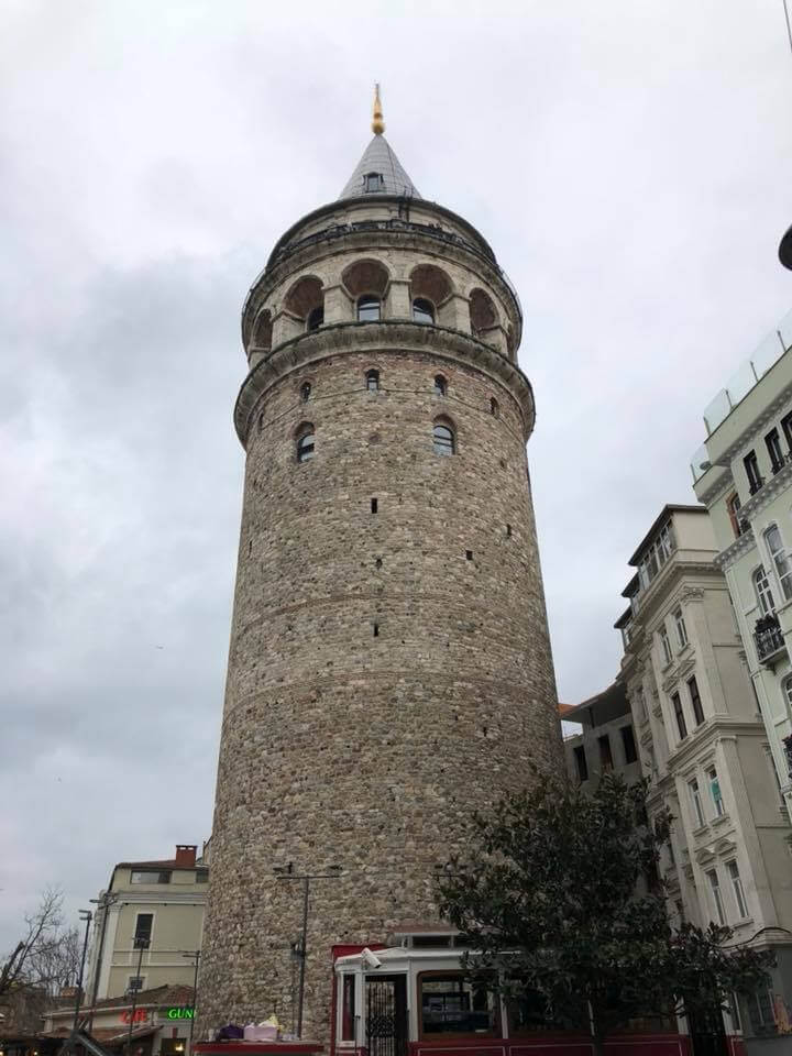 The Galata Tower is a cone-capped, cylindrical stone building that stands 67m tall