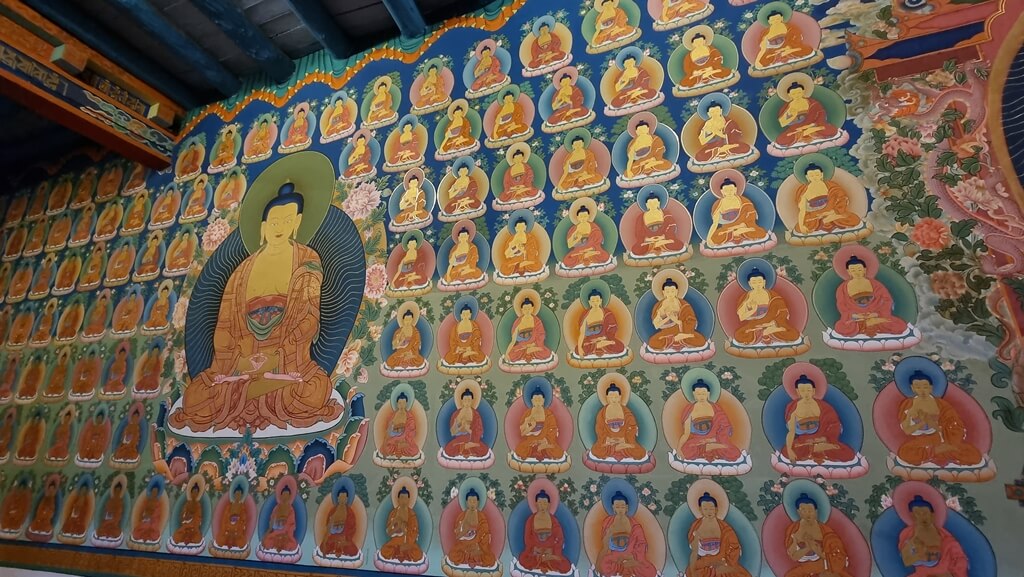 Colourful and beautifully maintained frescoes on the walls of the monastery